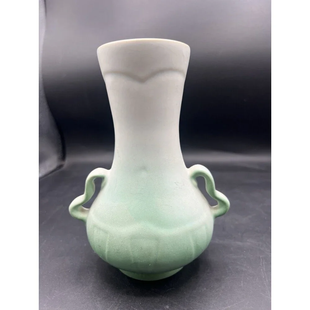 Vintage Weller Panella Double Handle Pansy Art Pottery Vase Green 6.5” USA